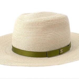 CHANEL Cream Hat with Green Band